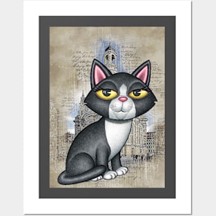 Cute black and white kitty in front of old church sketch Posters and Art